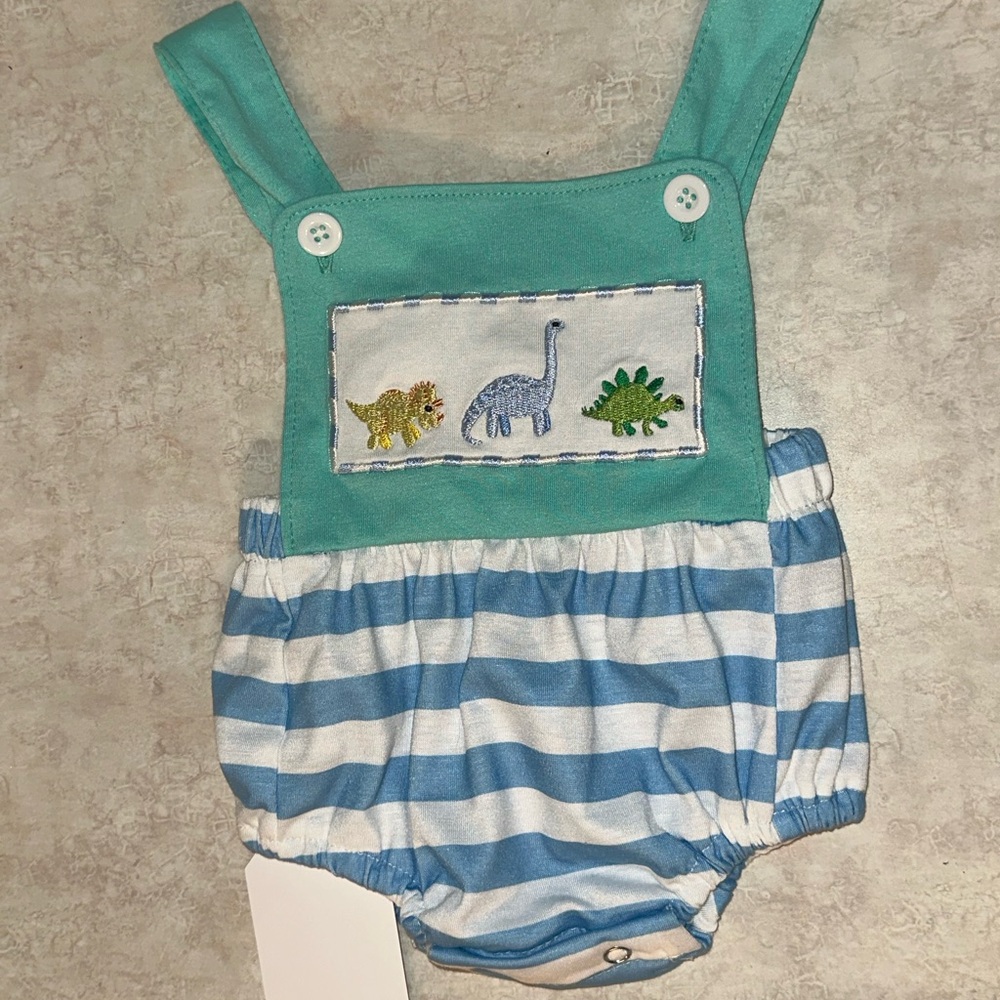 Teal and Blue Striped Dinosaur Romper
